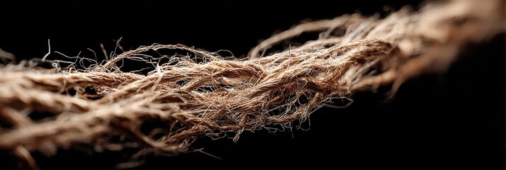 Close-up of frayed, light brown natural fiber rope against a black background, showcasing texture and detail