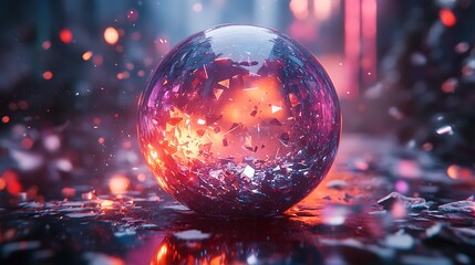 Enigmatic crystalline orb radiating internal light and fractured surfaces