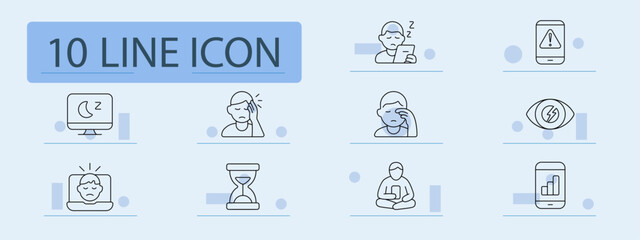 Digital fatigue set icon. Sleeping screen, tired face, phone warning, headache, eye pain, sad on laptop, hourglass, man meditating, phone addiction, signal bars
