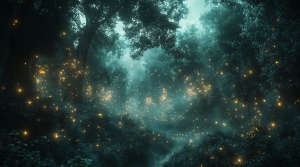 Fototapeta premium Twinkling Fireflies Among Green Leaves High Resolution Picture