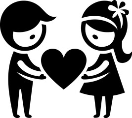 SVG boy and girl holding heart emblem black and white vector file for printing, cutting
