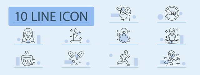 Sleep problems monochrome set icon. Sleep mask, candle, brain pain, ghost fear, insomnia sign, meditation, herbal tea, medicine, running, sad with pillow