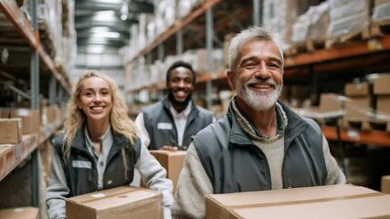 Warehouse team working: A diverse team of warehouse workers, their faces illuminated by the shared task of organizing and moving inventory through an efficient warehouse environment. - Powered by Adobe