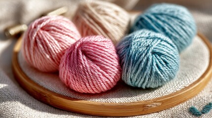 Colorful Yarn Balls and Embroidery Hoop on Fabric