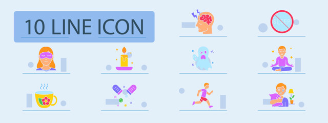 Sleep aid set icon. Sleep mask, headache, insomnia, meditation, tea, candle, ghost dream, running, medicine, sadness, night care, routine, calm.