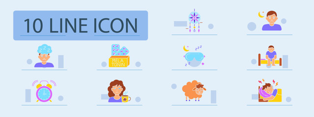 Sleep disorder set icon. Tired person, melatonin, dreamcatcher, insomnia, sleep mask, bedtime, alarm, fatigue, coffee, sheep, restless sleep, schedule.