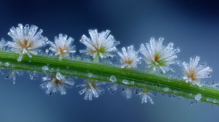 Delicate ice flowers on a plant stem