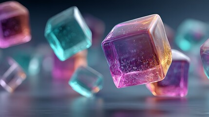 Floating Colorful Translucent Cubes with Bubbles