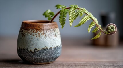 Fern frond and fiddlehead in textured ceramic pot on wooden table