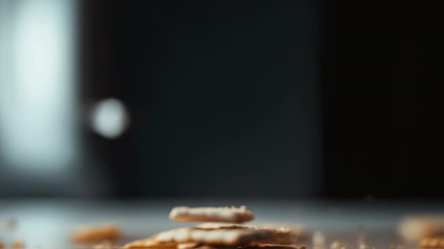 Crispy cracker choreography captures a dynamic snack display with fragments in mid-air, evoking crunchy texture and playful movement
