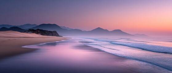 Serene Coastal Landscape at Twilight with Sand Dunes and Mountains