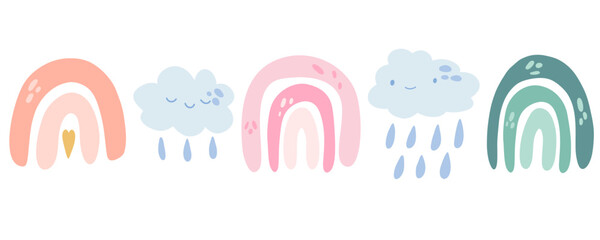 Nursery boho minimalist rainbow rain cloud. Cute baby card. Sleeping abstract arch with clouds and rain. Vector cartoon illustration isolated on white background.
