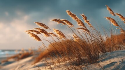 Sunlit Grass on Sandy Beach Dune