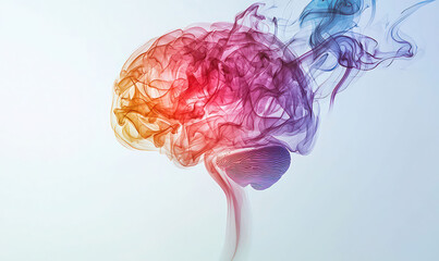 A colorful brain illustration fading into smoke on a light background, artistic representation