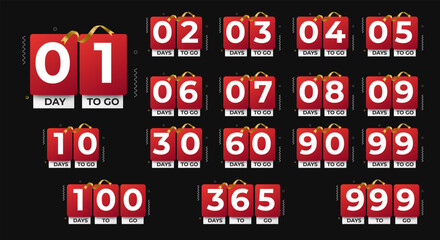 Days To Go Countdown banner template design. 1,2,3,4,5,6,7,8,9,10,30,60,90,99,100,360 days left countdown icon. vector