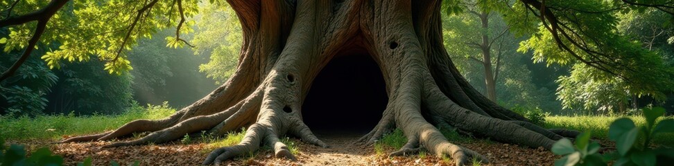 Ancient, hollow tree trunk riddled with holes, sunlight filtering through , rustic, wildlife, rough