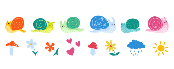 Cartoon cute snail, mushroom, flower, sun, cloud collection. Nursery Doodle snail character. Children's illustration of small snail. Stock vector illustration isolated on white background.