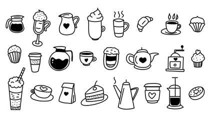 Hand drawn doodle coffee cup, mug, pot, coffee machine stickers set. Doodle sketch style. Vector illustration for coffee shop, cafe, restaurant sticker Isolated on white background.
