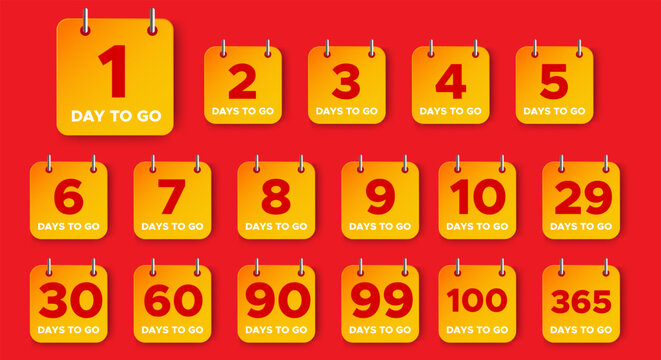 Days To Go Countdown banner template design. 1,2,3,4,5,6,7,8,9,10,30,60,90,99,100,360 days left countdown icon. vector
