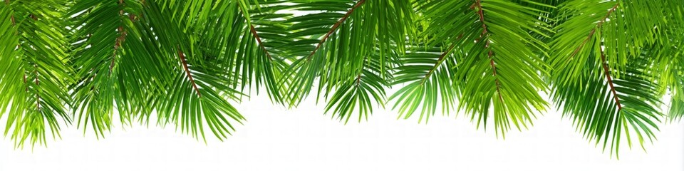 Lush Green Evergreen Branches on White Background