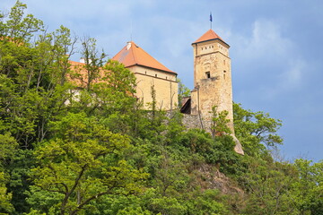 Castle Veveri at water reservoir Brnenska prehrada at Brno, Moravia, Czech Republic, Europe,...