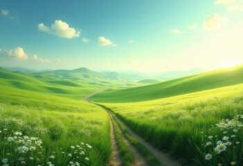 Obraz premium lush green fields winding dirt paths nature landscape rolling hills pastoral serenity, meadow, vista, grass, scenic, sunlight, rural, scenery, countryside