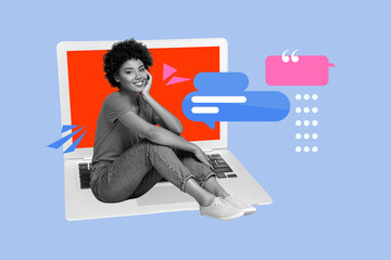 Pop zine 3d image collage of two happy girl guy sit laptop keypad communication speech dialogue...