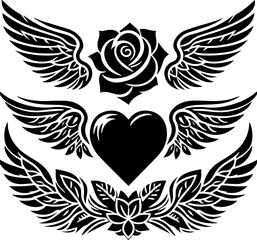 SVG  heart with wings emblem black and white vector file for printing, cutting