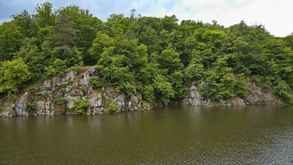 Fototapeta premium Rocky coast at water reservoir Brnenska prehrada at Brno, Moravia, Czech Republic, Europe, Central Europe 