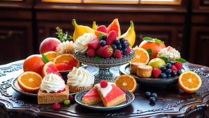 Obraz premium Still life of assorted fruits and small cakes arranged on an ornate silver serving tray indoors