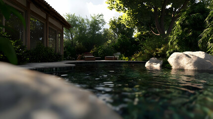 Fototapeta premium Tranquil Poolside Setting With Wooden House And Lush Trees