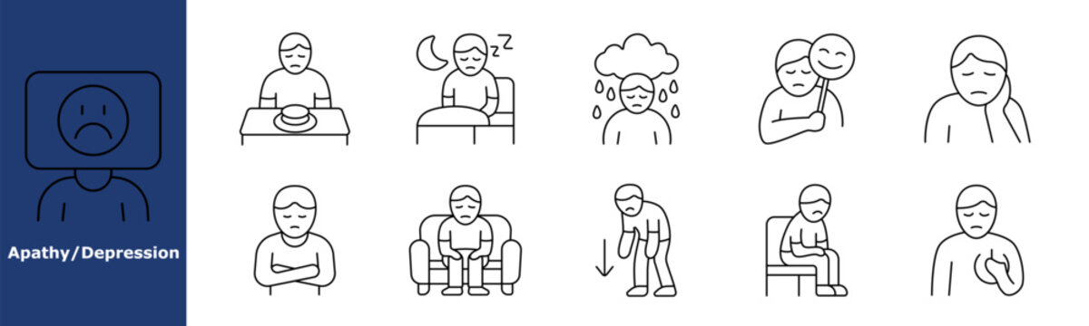 Depression flat set icon. Poor appetite, sleep trouble, sadness, crying, emotional mask, tiredness, low energy, hopelessness, fatigue, loneliness.