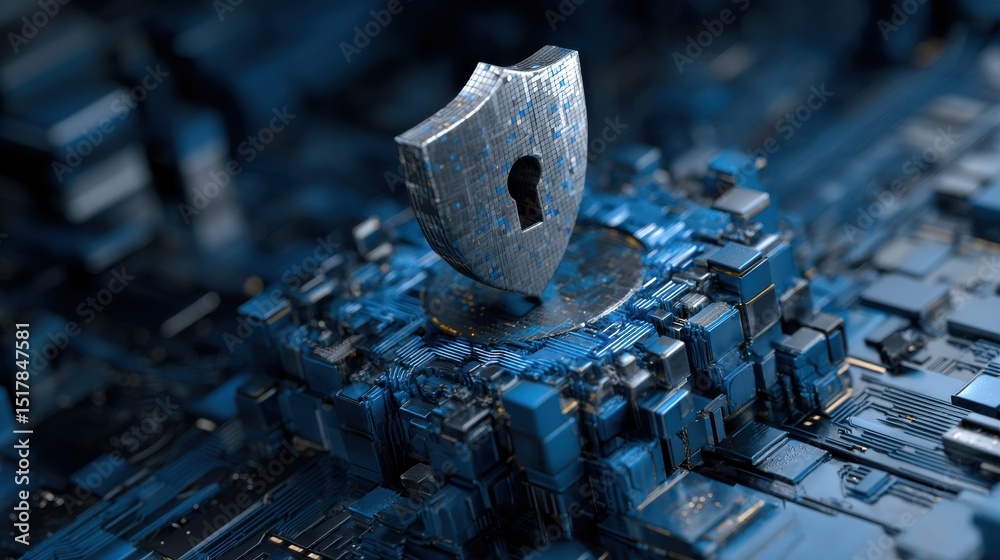 Aufkleber a blue and silver computer chip with a key on top of it