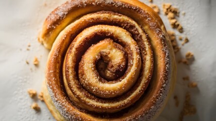 Fototapeta premium Fresh cinnamon roll with spiral cinnamon filling and icing on a white background – cinnamon roll wallpaper – bakery wallpaper – cinnamon roll image