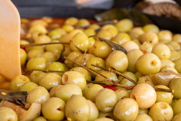 Pitted Green Olives in Marinade at Market Stall