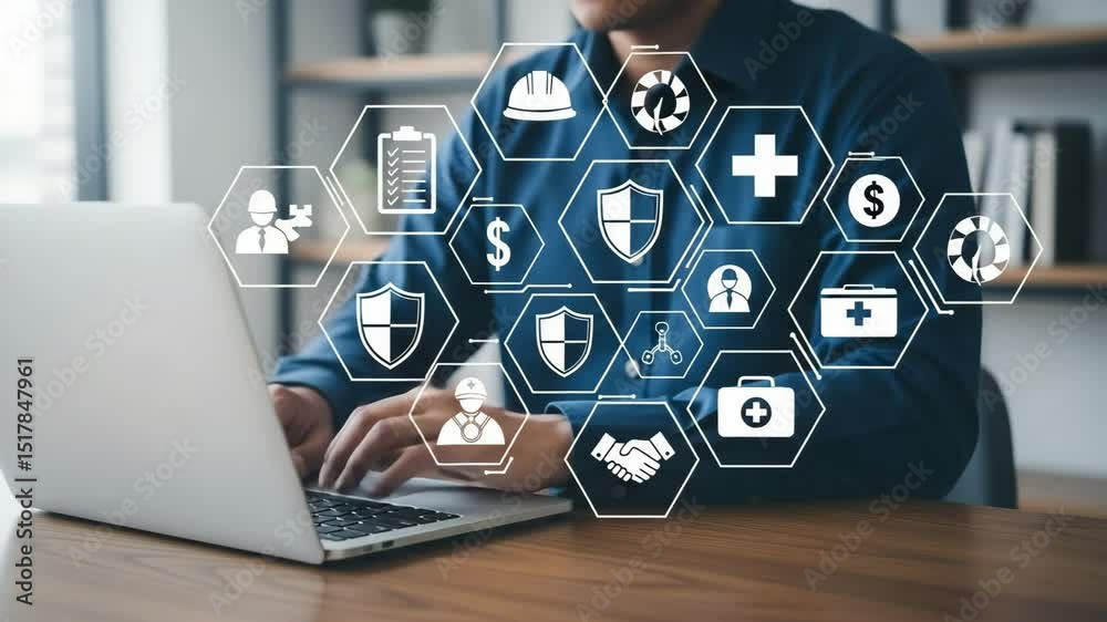 Poster person using laptop with health and safety icons overlayed on screen in a modern setting view