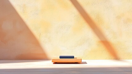 Warm-Toned Minimalist Room with Sunlight Shadows and Wooden Platform