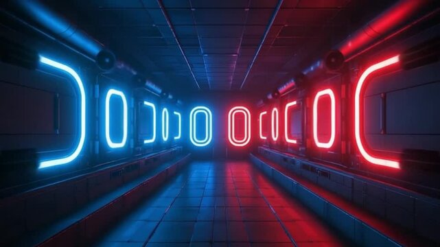 Futuristic Symmetrical Sci-Fi Corridor with Reflective Floor and Ceiling, Blue and Red Neon Oval Lights, Metallic Grid Panels, High-Tech Modern Design &ndash; video download