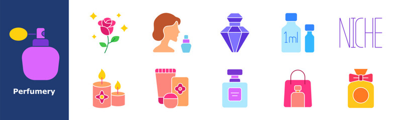 Perfumery set icon. Flacon, rose, woman with spray, crystal bottle, sample vial, niche label, scented candles, cosmetic tubes, gift bag, bow bottle, beauty care, luxury product, aroma industry.