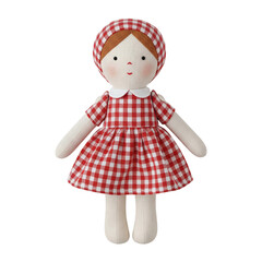 Handmade cloth doll in gingham dress, isolated on transparent background