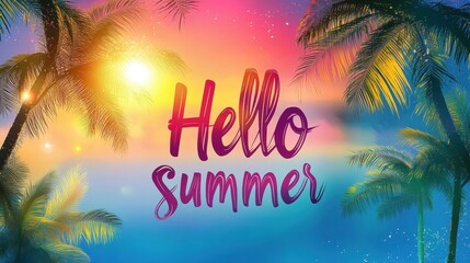 Hello summer text on abstract background with palms