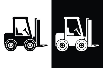 Warehouse Forklift Icon Vector. Black Silhouette on White and Black Backgrounds