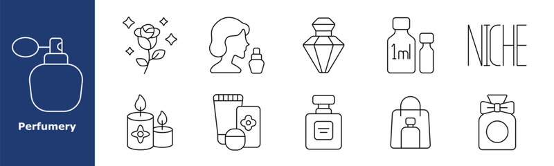 Perfumery set icon. Atomizer, rose, woman with vial, crystal flacon, sample bottle, niche text, aroma candles, skincare tubes, scent bottle, shopping bag, luxury packaging, beauty product.