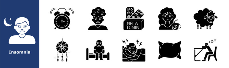 Insomnia set icon. Sad person, alarm clock, man with cloud, melatonin box, coffee cup, sheep, dreamcatcher, sitting in bed, sleep pain, pillow, tired student, sleepless night.