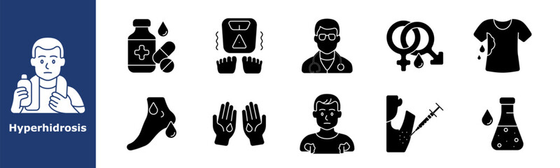 Hyperhidrosis set icon. Sweating man, medication, feet scale, doctor, hormone symbol, wet shirt, sweating armpit, wet hands, embarrassed face, injection, fluid drop, lab vial.