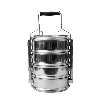 Stainless steel tiffin food carrier, isolated on transparent background