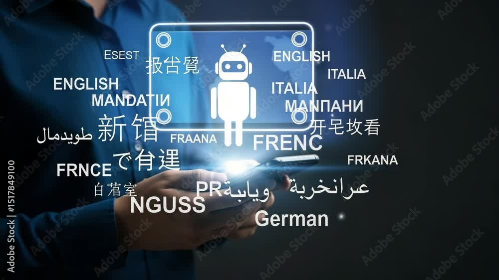 Poster Person holding a device with a robot and various languages displayed on the screen interface app
