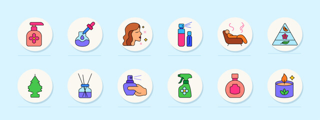 Obraz premium Perfumery set icon. Dispenser, pipette, smell, woman face, duo bottle, sofa, pyramid, tree scent, diffuser, hand spray, home fragrance, bottle, candle, floral base, notes.