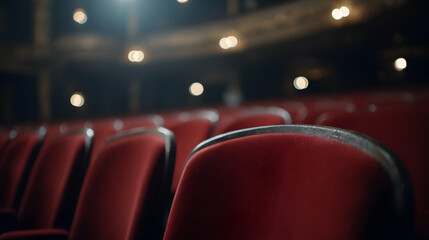 Cinematic view of vintage theater seats under dim lighting
