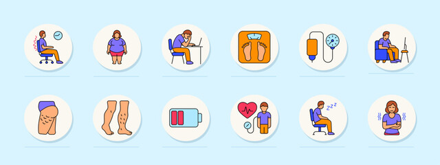 Obraz premium Sedentary lifestyle set icon. Office chair, obesity, fatigue, scale, IV bag, TV watching, cellulite, legs, low energy, pressure, sleepiness, chills, sitting problem, inactivity symptoms.